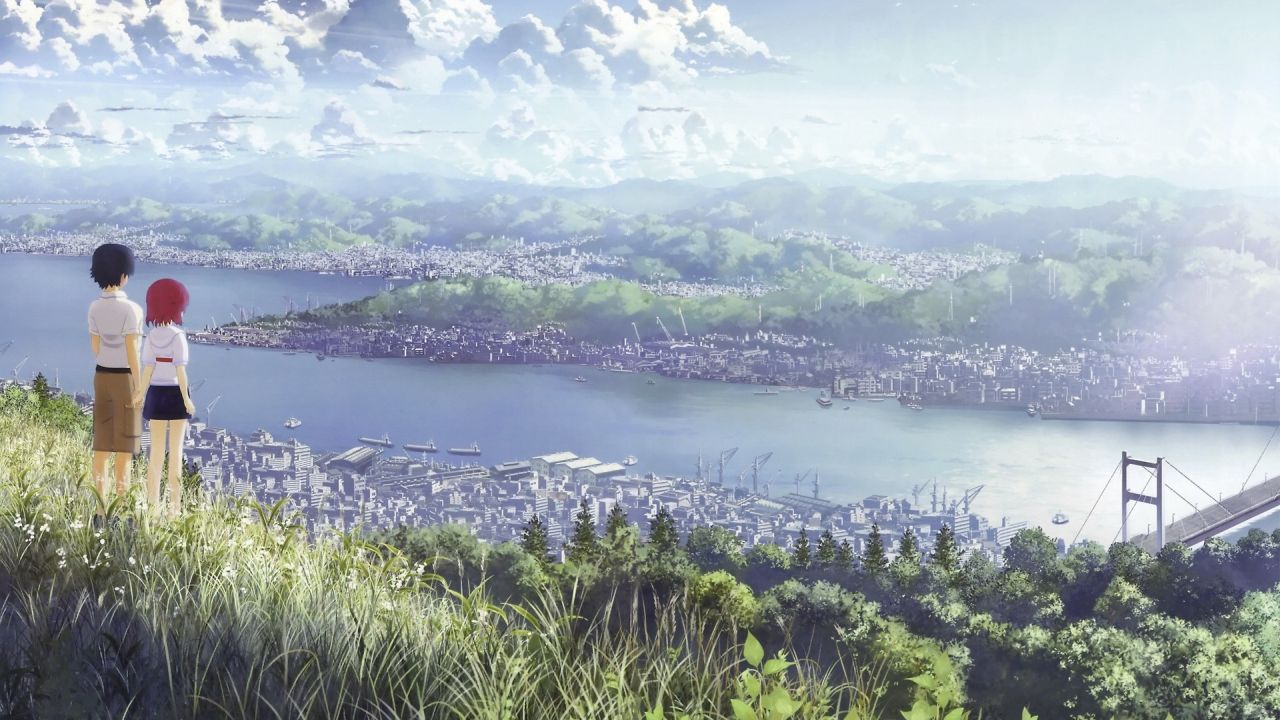 Two anime characters looking at city and bay from a hill