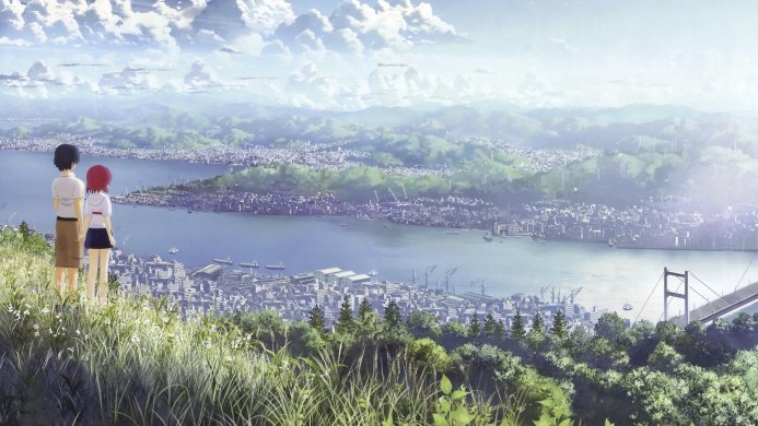 Two anime characters looking at a city view from a hill, overlooking a bay with a bridge and cloudy sky