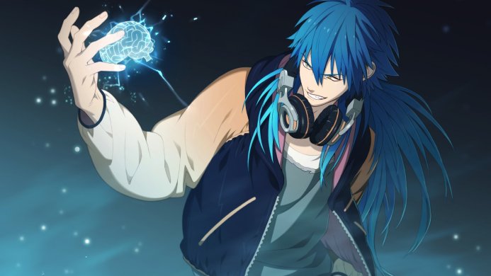 Anime character with blue hair holding a glowing brain in his hand