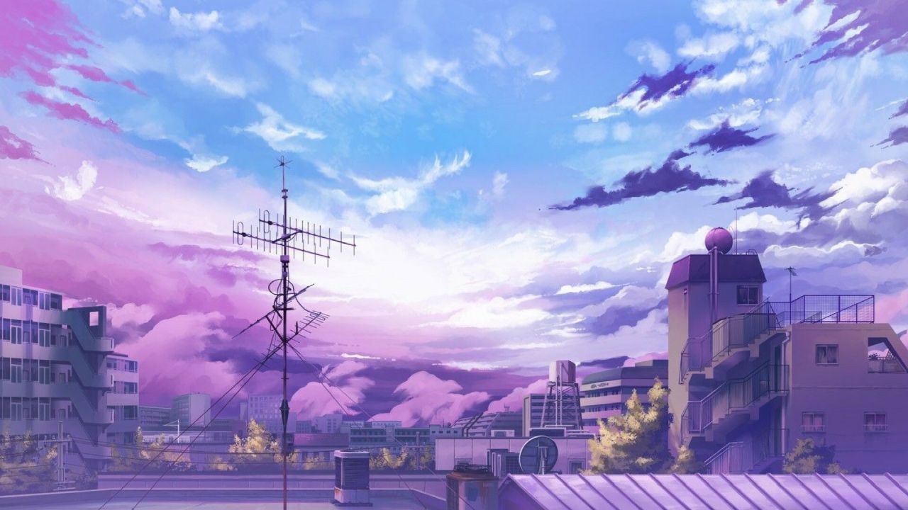 Anime style cityscape with vibrant purple and blue sky