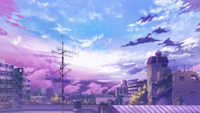 Anime cityscape with purple and blue clouds in the sky