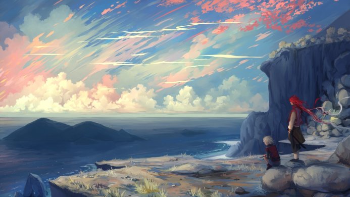Two anime figures overlooking the ocean from a cliff under a colorful sky