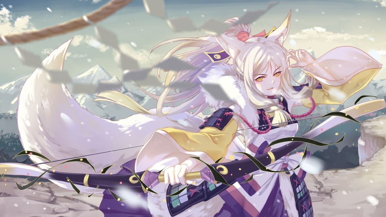 Anime girl with fox ears tail and bow in winter
