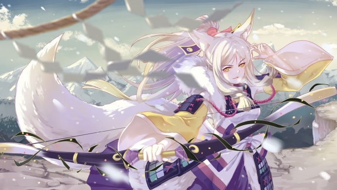 Anime fox girl with a bow and arrow standing in a snowy landscape