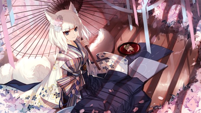 Anime girl with fox ears and tail wearing a kimono and holding an umbrella