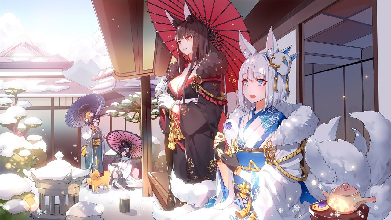 Anime girls with fox ears and tails in snowy kimono