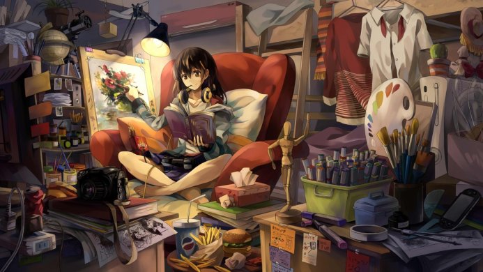 Anime girl reading and painting in a cozy, messy room filled with art supplies and snacks
