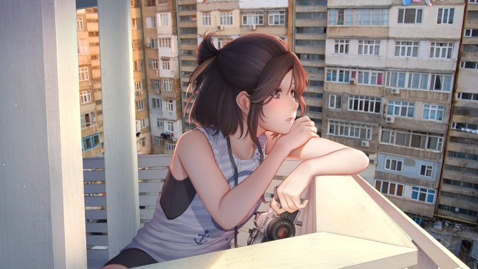 Anime girl on a balcony with a camera looking at the city