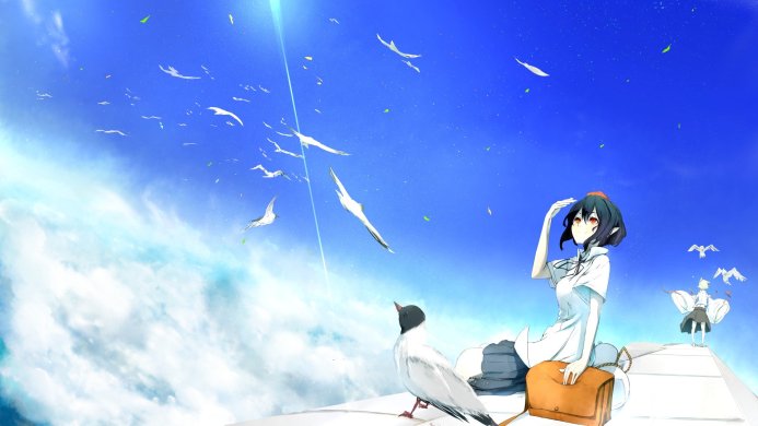 Anime girl with a bird on the roof against the blue sky with white clouds