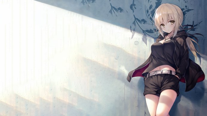 An anime girl with blonde hair, wearing a black jacket and shorts, standing in front of a blue wall