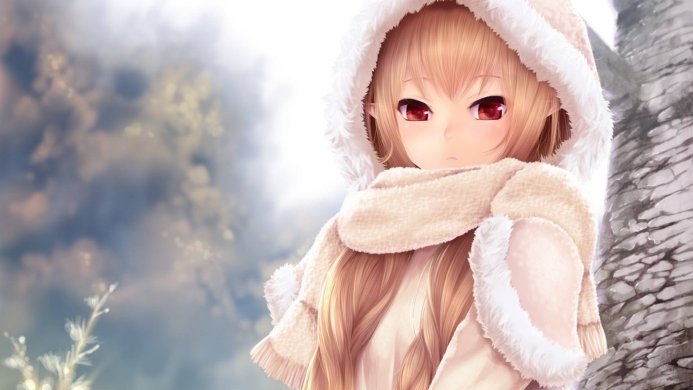 Anime girl with blonde hair and red eyes wearing a fur-trimmed hood and scarf