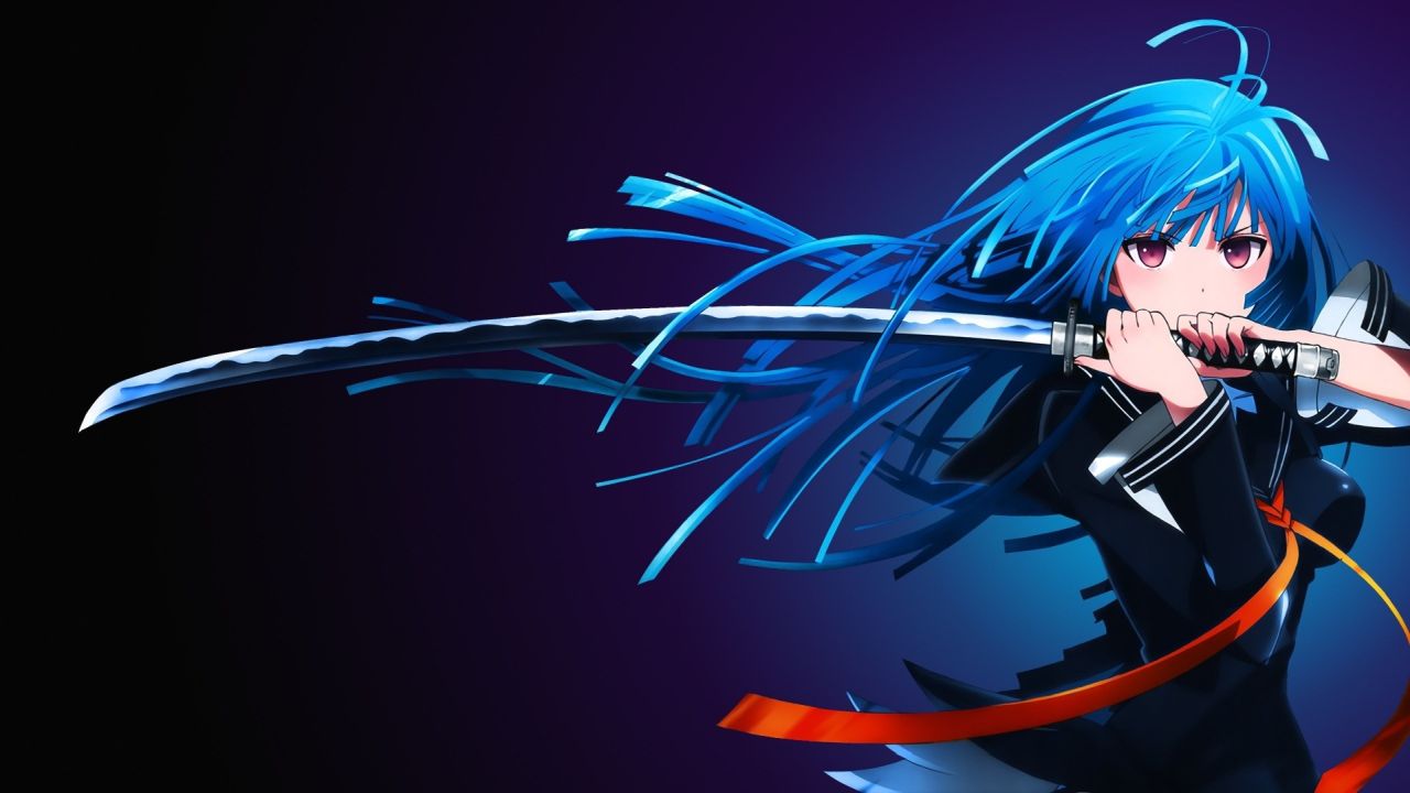 Anime girl with blue hair holding a katana sword