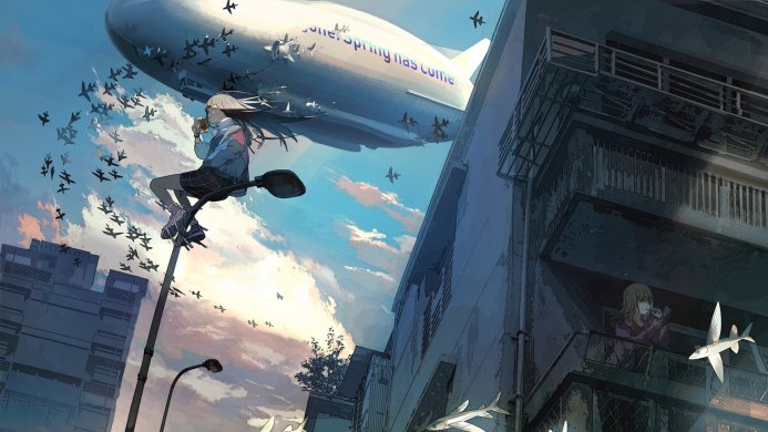 Anime girl eating burger on a lamppost with a blimp in the background