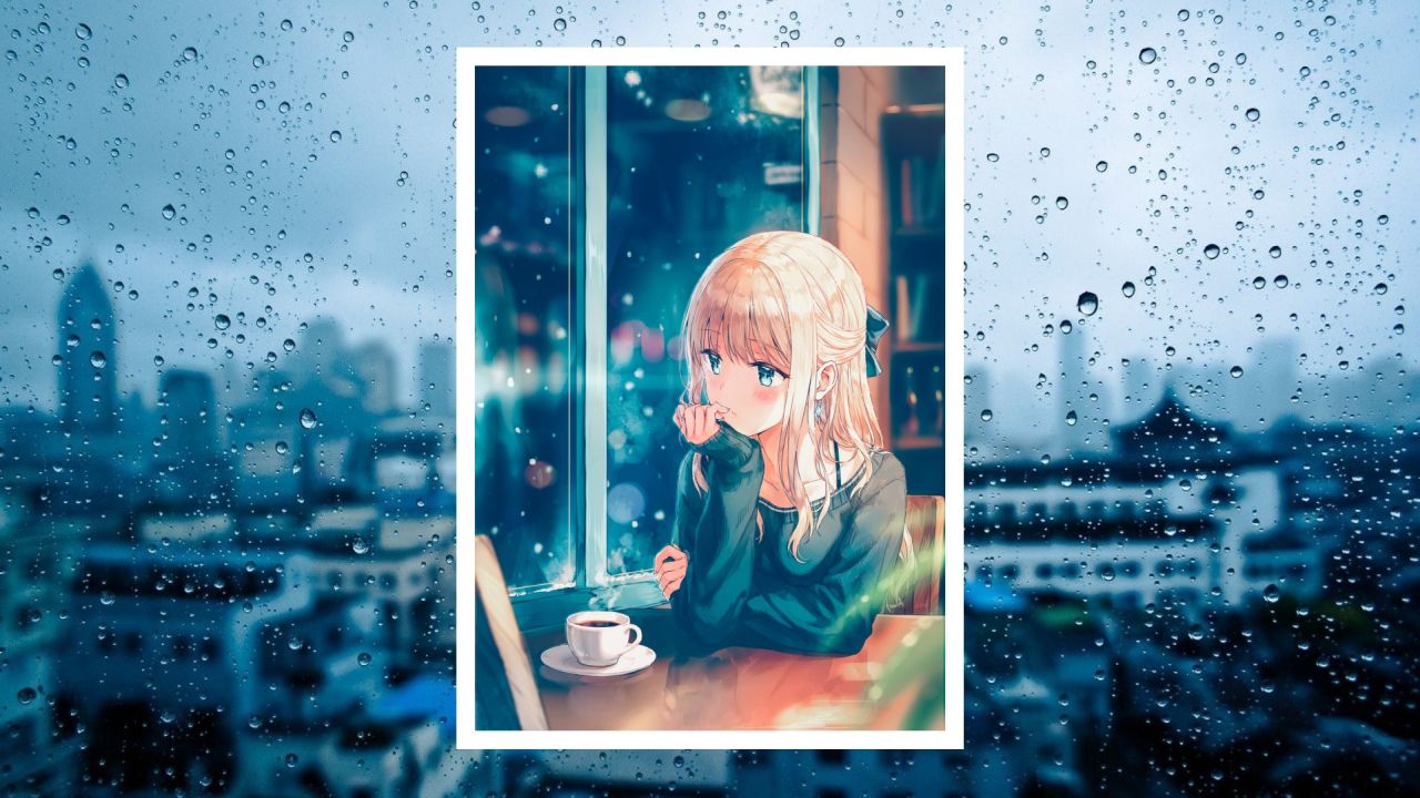Anime girl looking out rainy window with coffee
