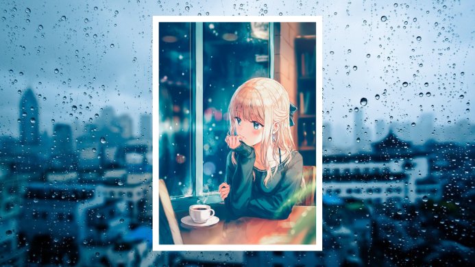 Anime girl sits near the window in cafe, cityscape behind the rainy glass