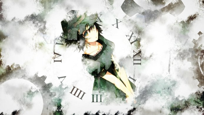 Anime girl with a hat surrounded by clock elements in gray, green, and yellow tones