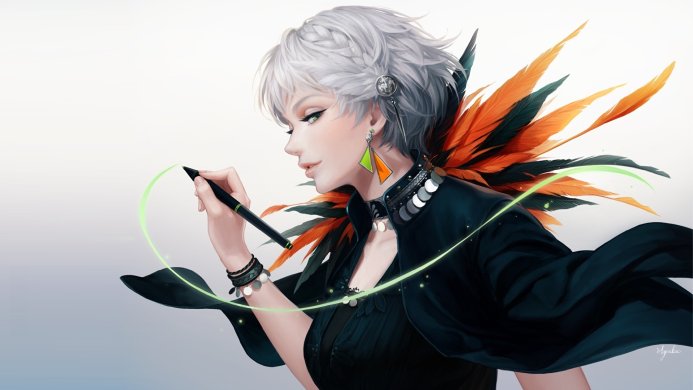 Anime girl with short gray hair drawing a green line with a stylus. She wears orange feathers and geometric earrings