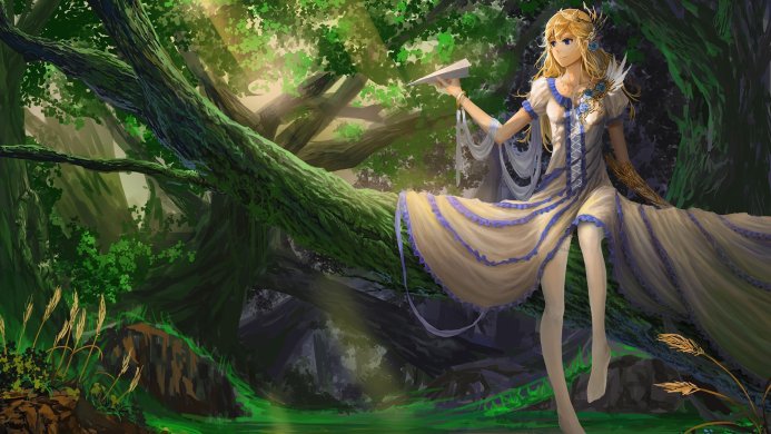 Anime girl sitting on a tree branch with a paper plane, in a fantasy forest
