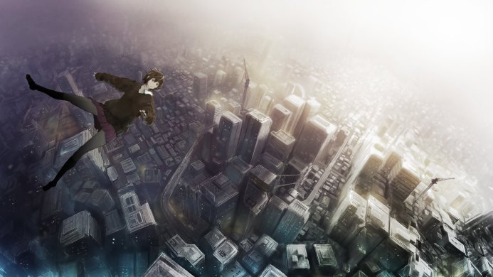 Anime girl falling over a cityscape