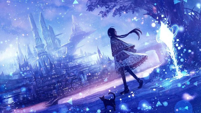 Anime girl walking with a cat in a fantasy city under a starry sky