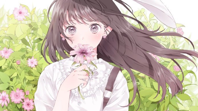 Anime girl holding a flower in a garden of pink flowers