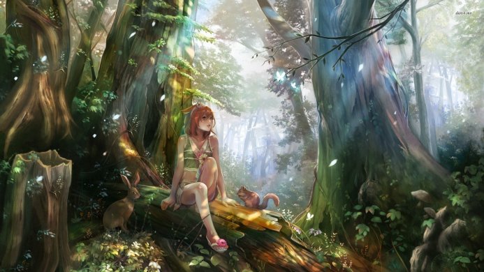 Anime girl sits on a log in a forest surrounded by animals, bathed in sunlight