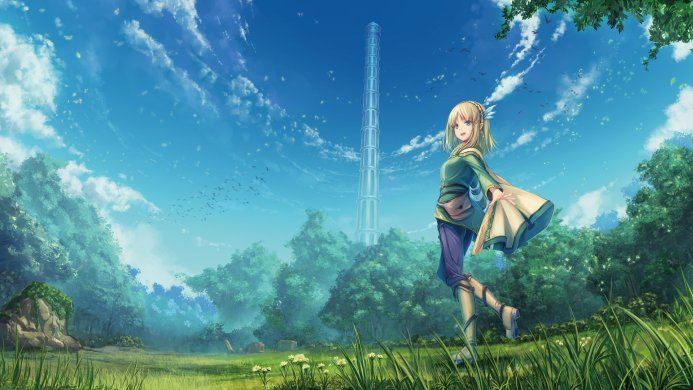 Anime girl with blonde hair standing in a forest landscape with a tall tower in the background