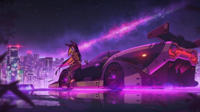 Anime girl with fox ears sitting on a futuristic car with city background
