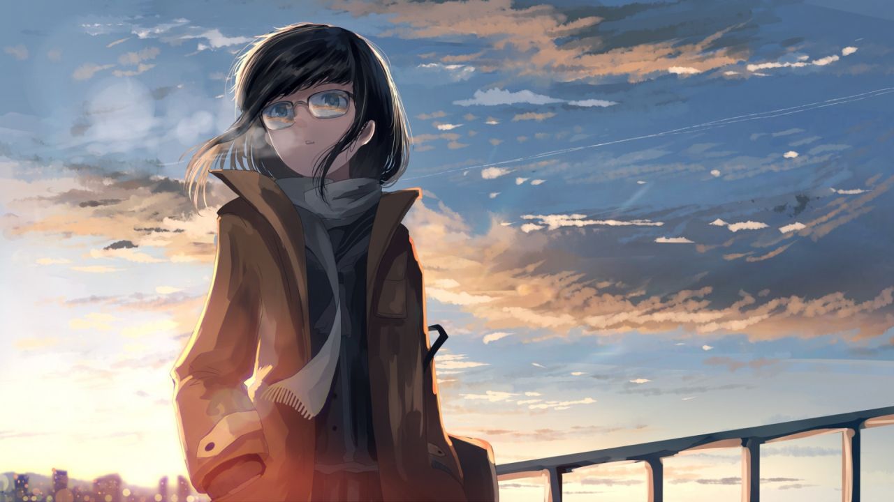 Anime girl with glasses jacket scarf sunset sky