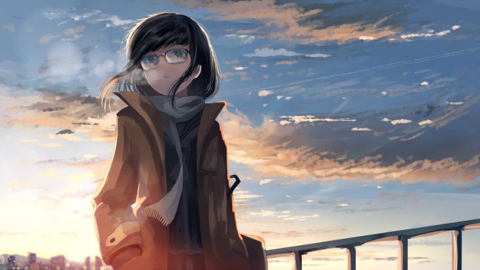 Anime girl with glasses in a brown coat with cityscape and cloudy sky background