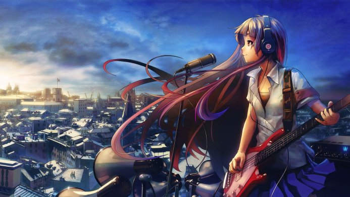 Anime girl with headphones plays a guitar on the roof against the backdrop of the city