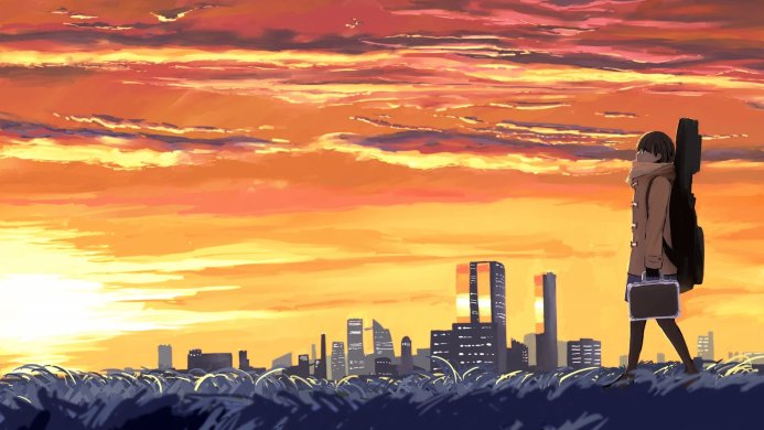 Anime girl with guitar case and briefcase standing against a sunset cityscape