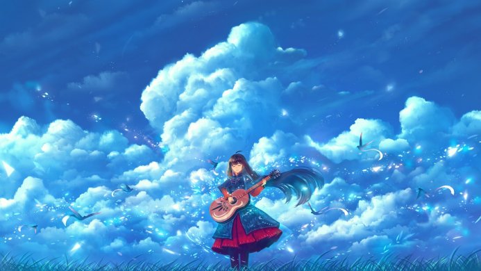 Anime girl playing guitar surrounded by a blue sky and white clouds