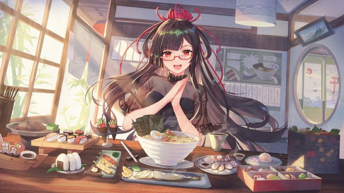 Anime girl with red glasses smiling at a table full of Japanese food