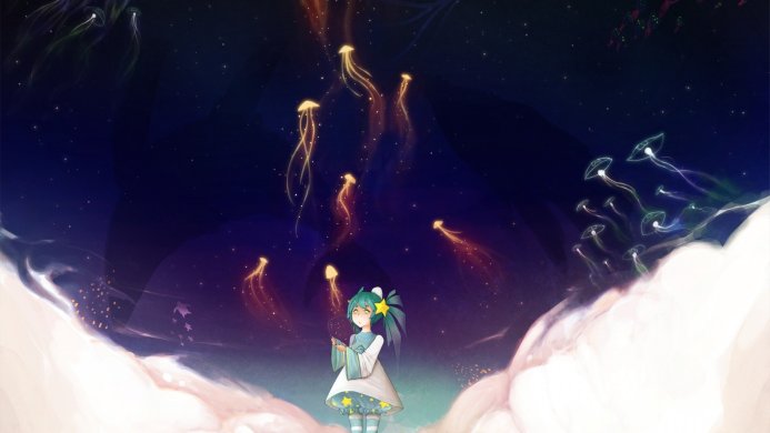 Anime girl surrounded by floating jellyfish in a starry sky on a background of clouds