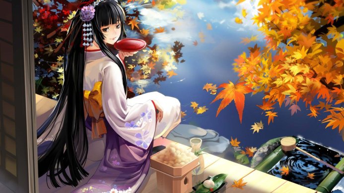 Anime girl in kimono holding a plate near the autumn leaves