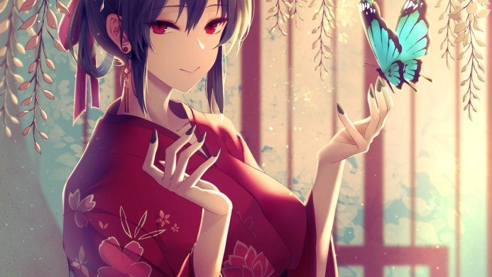 Anime girl in a red kimono with a blue butterfly resting on her finger