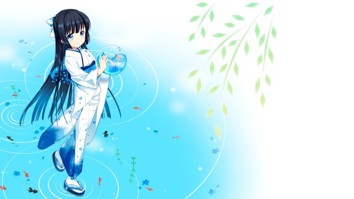 Anime girl in kimono holding a bowl of goldfish on a blue background