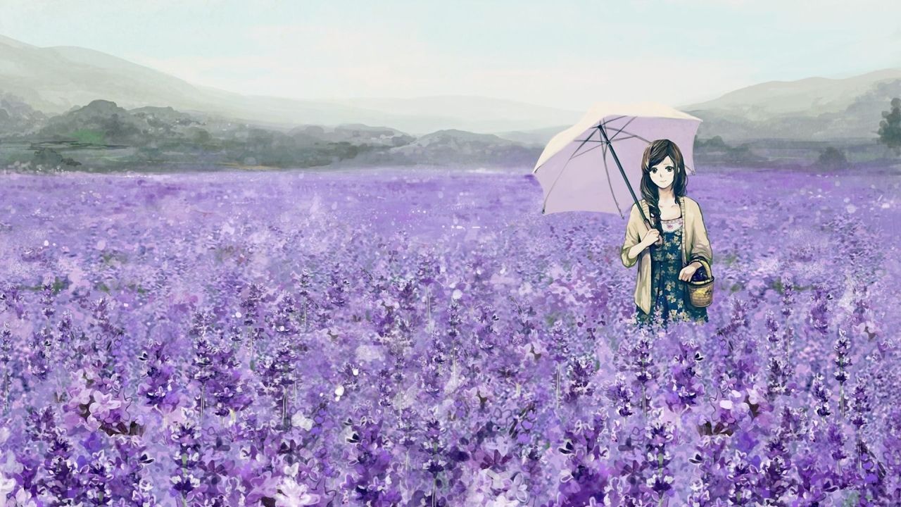 anime girl in lavender field with umbrella basket