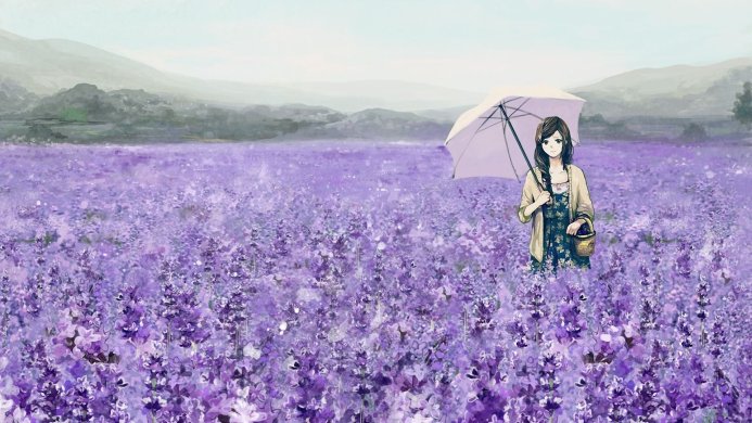 An anime girl with an umbrella standing in a field of lavender flowers