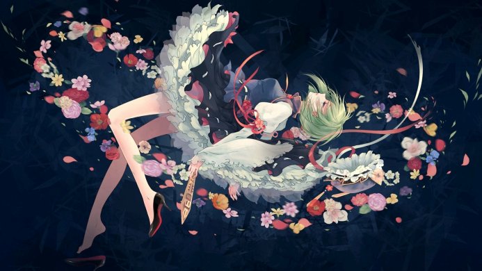 Anime girl lying amidst flowers in a dark blue background. Pastel colors and flowing dress