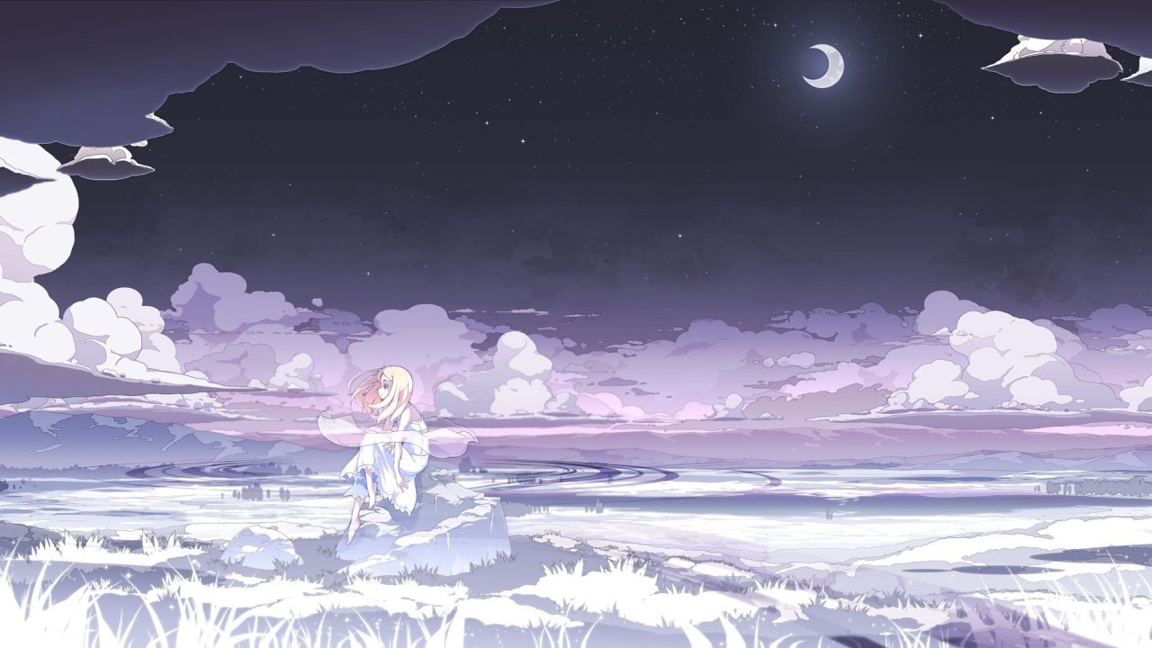 Anime girl sitting by water night sky crescent moon