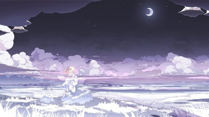 Anime girl sitting on a rock in a dreamy landscape with a moonlit sky and reflecting water