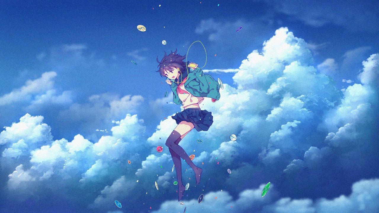 Anime girl floating in sky with music player and clouds