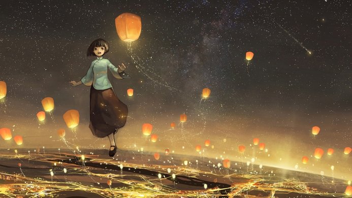 Anime girl surrounded by floating lanterns at night with city lights below