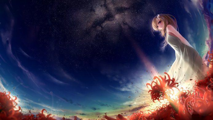 Anime girl in white dress under a starry night sky with red flowers