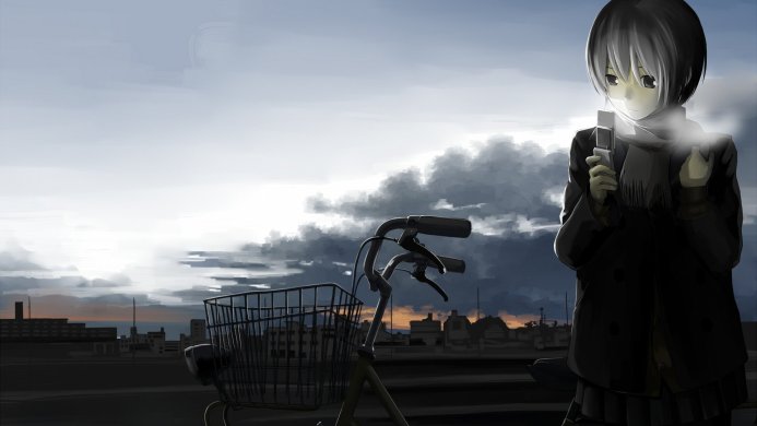 Anime girl in a coat holding a phone next to a bicycle with a cityscape and cloudy sky behind her