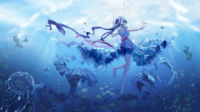 Anime girl puppet in an underwater scene with jellyfish and plants