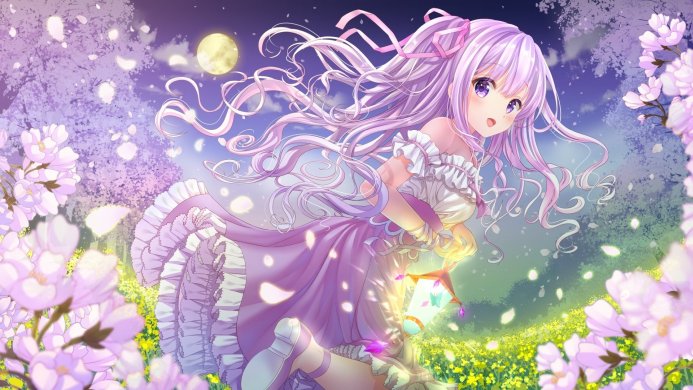 Anime girl with purple hair in a blossom garden under the moon