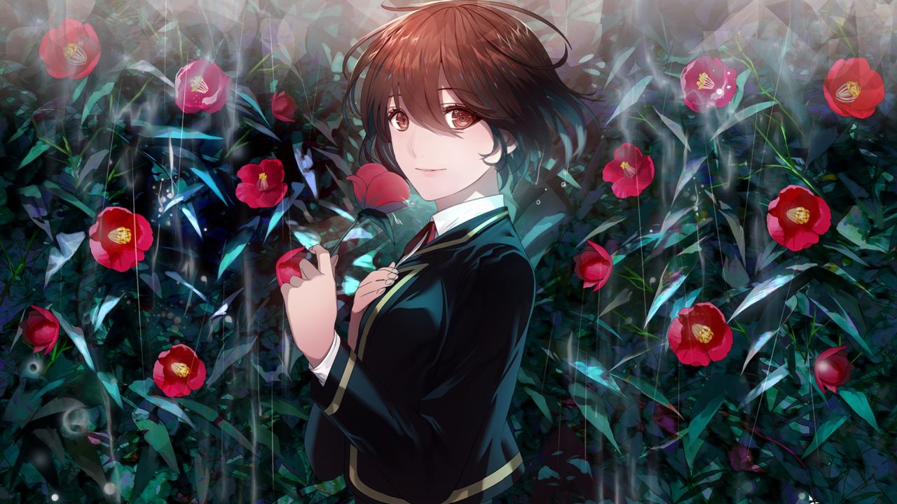 anime girl uniform holding rose in rain